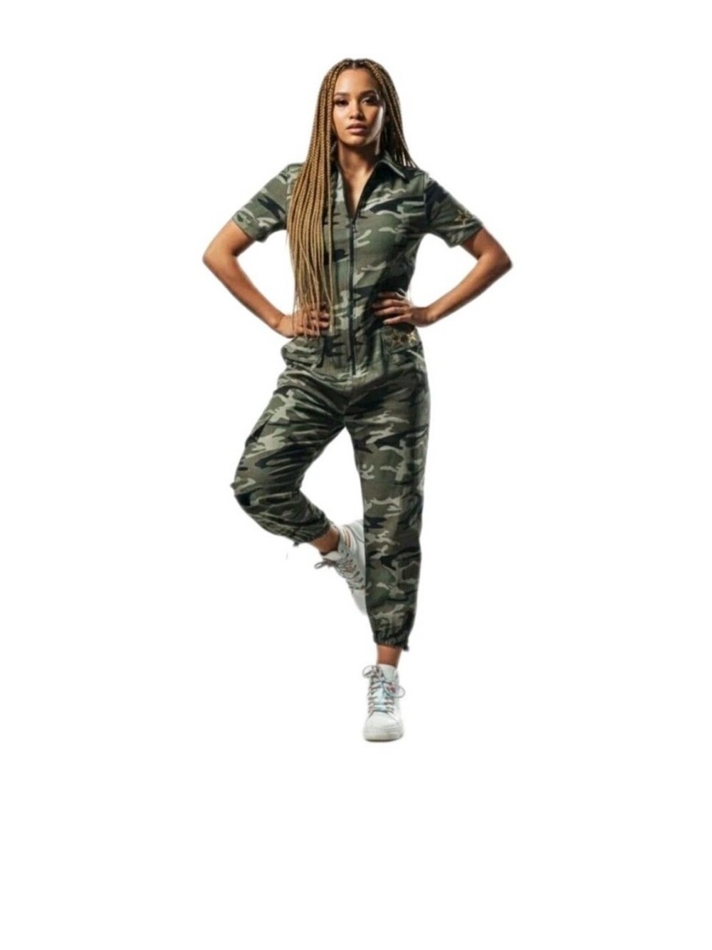 Funky Diva Y2K Camo Bling Utility Jumpsuit - Green Gold Star Peace Women’s M